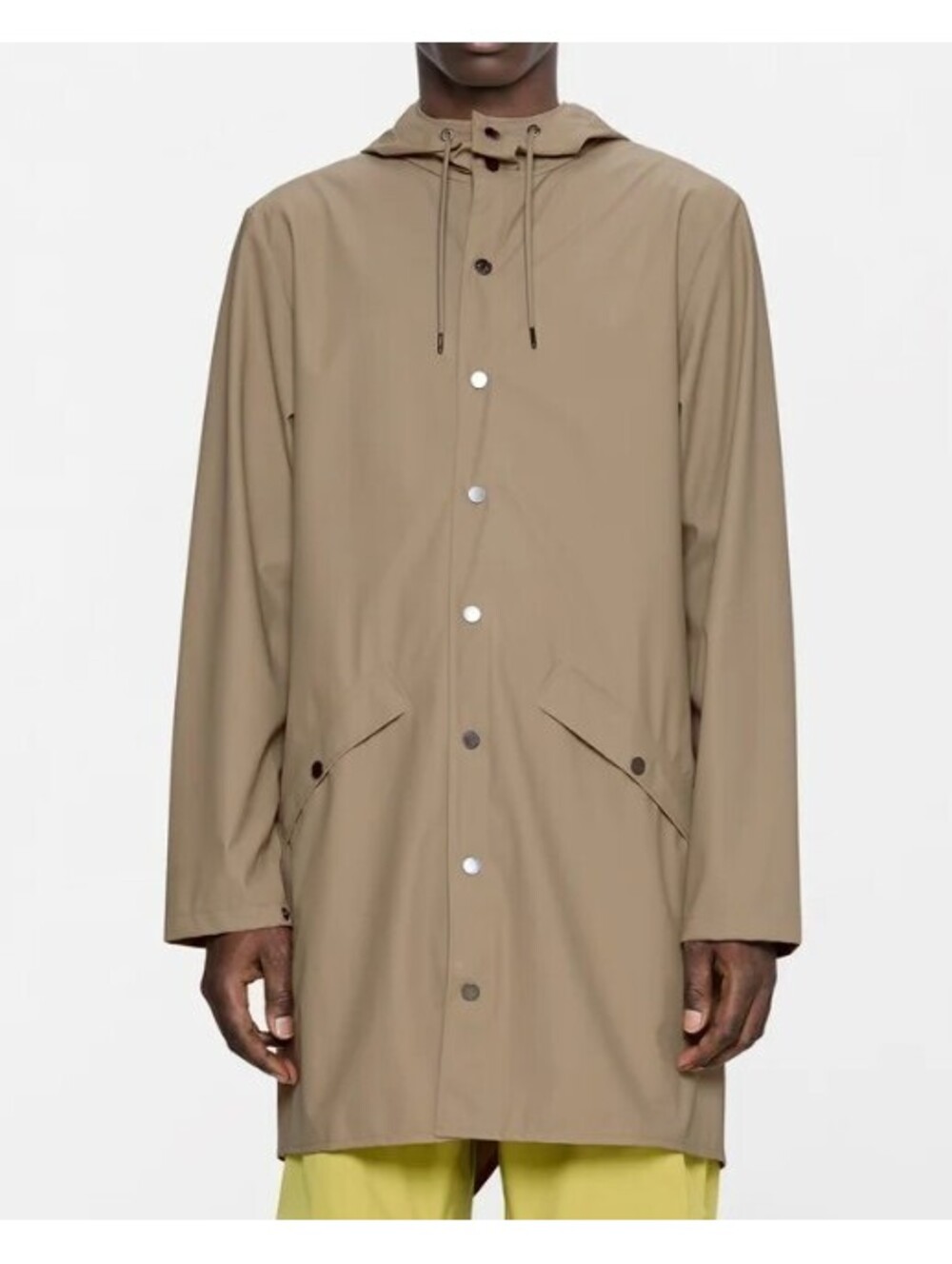 RAINS Long Jacket W3 Sand Waterproof Hooded Unisex Rain Coat - Size Large